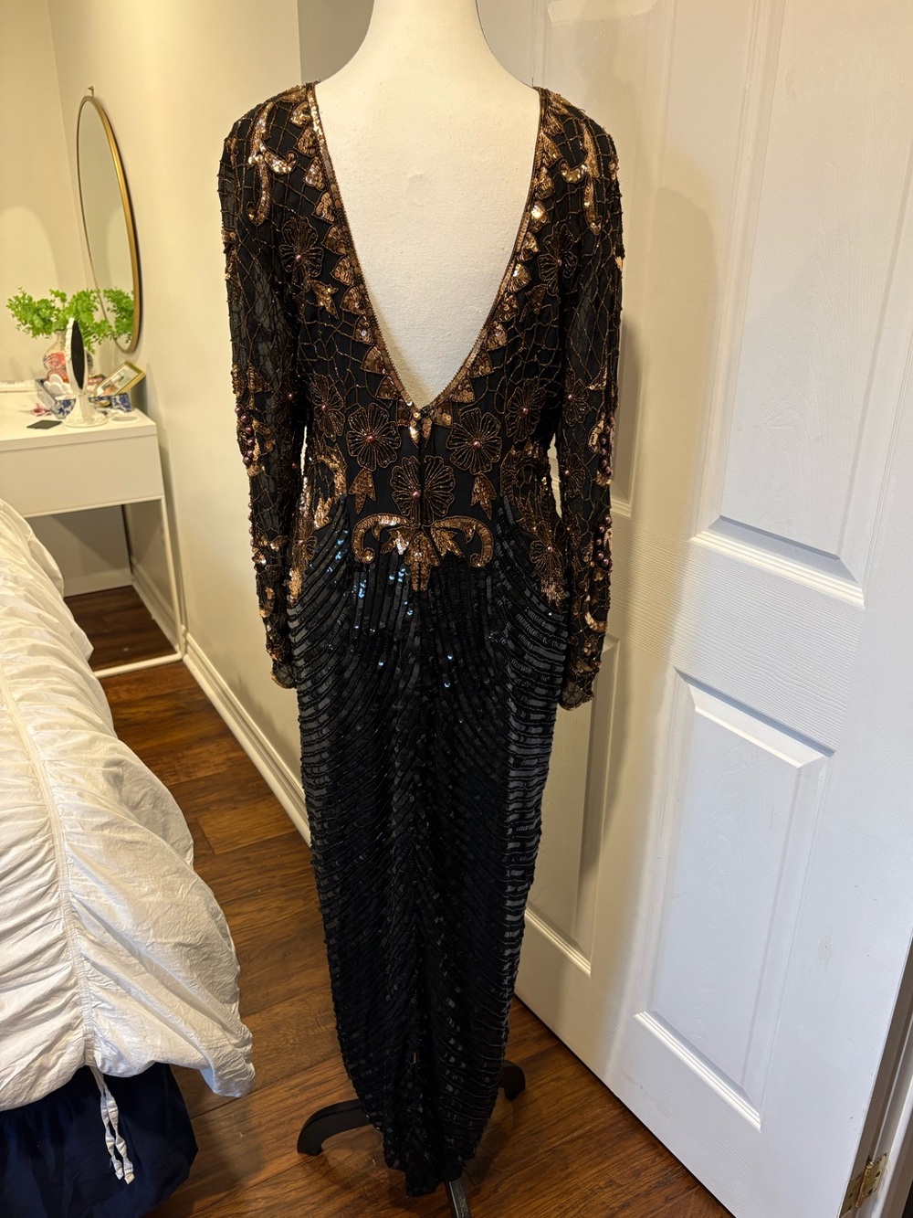 Vintage 100% Silk Hand Beaded Sequin Maxi Dress Black Gold M